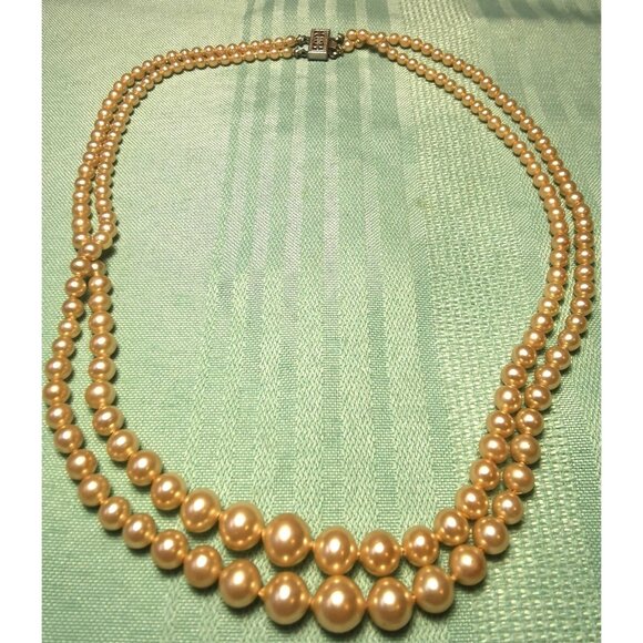 Double Strand Faux Graduated Pearl Necklace 16.75" Rosé Pink 1950s Choker - Picture 1 of 10